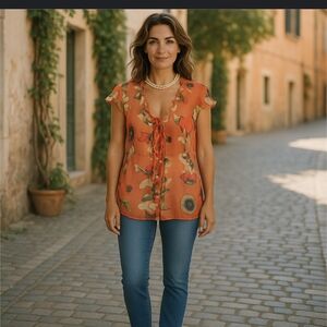 Dolce & Gabbana Red Floral Silk Semi Sheer Blouse